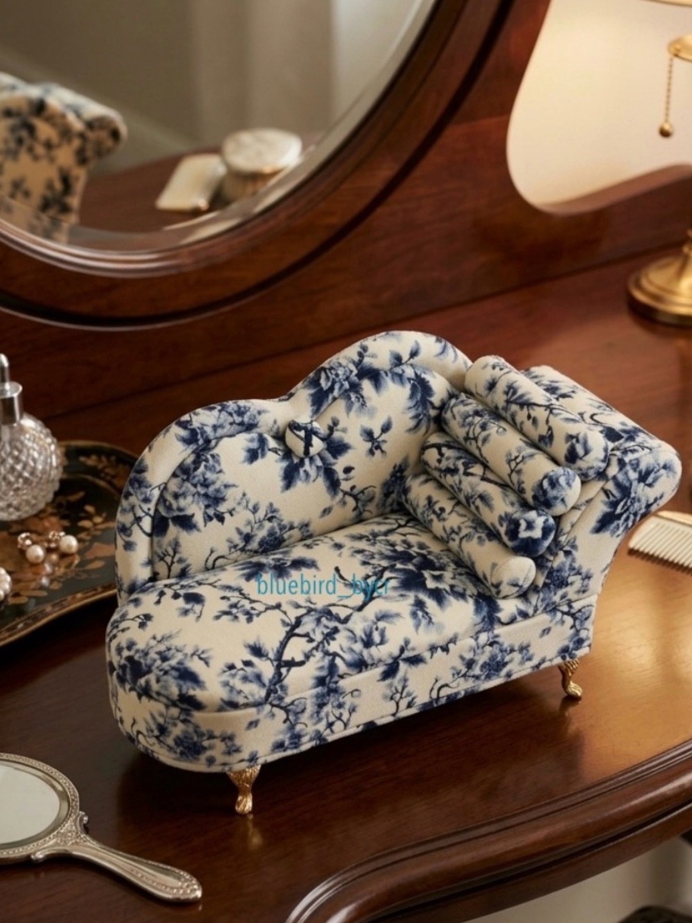 Blue Bird Blue and White Floral Chaise Jewelry Stand